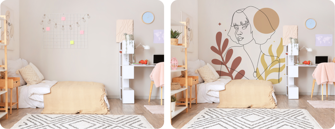 Teen Bedroom Feature Wall | Plaster Minimalist Line Art Mural